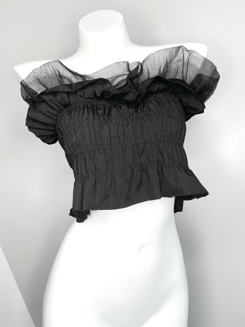 Black Ruffled Strapless Shirred Crop Top